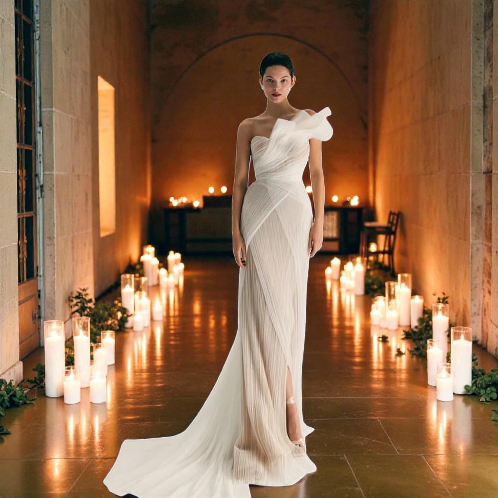chinese dress ladies Satin Mermaid One Shoulder Lace Appliques Wedding Dresses With Train, MW1123 main image 1