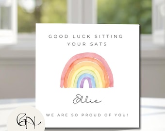 Good Luck Sitting Your SATs Card – Personalised Rainbow or Sunshine Design – Custom Name