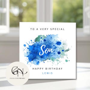 Watercolour Splatter Personalised Name Card Blue Green Design