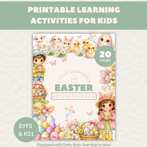 Può includere: Un pacchetto di attività pasquali stampabili per bambini. La copertina presenta illustrazioni di uova di Pasqua, coniglietti, pulcini e bambini. Il testo recita "Attività di apprendimento stampabili per bambini" e "20 pagine".