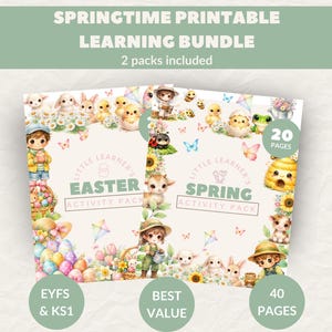 Printable kids activity bundle pack cover showing a themed learning workbook with 40 pages, designed for EYFS and KS1 early years learning. Spring and Easter activity packs.