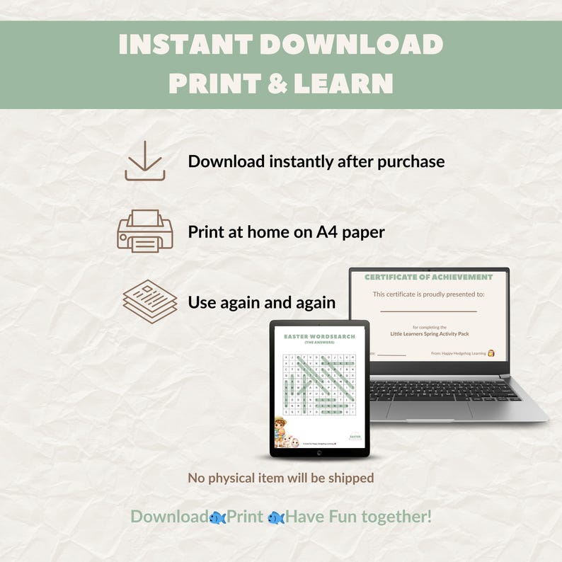 Instant download printable activity pack for children, ready to print and use at home or school with no physical item shipped.