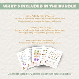 Overview of pages included in this printable activity pack, featuring counting, writing, puzzles, games, and early learning worksheets for children.