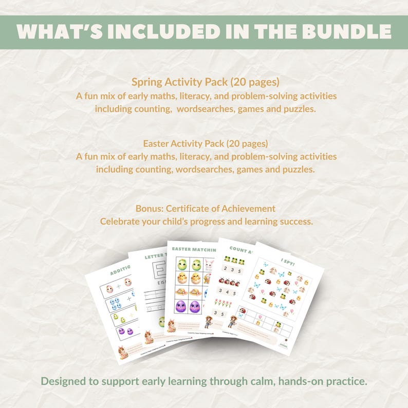 Overview of pages included in this printable activity pack, featuring counting, writing, puzzles, games, and early learning worksheets for children.
