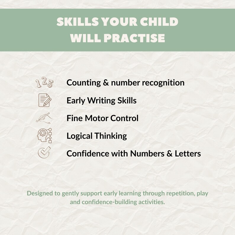 Educational printable worksheets helping children practise counting, early writing, fine motor skills, logical thinking, and problem solving.