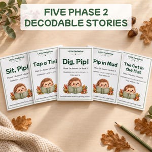 May include: Five educational booklets titled Little Hedgehog Readers, each featuring a cartoon hedgehog reading a book. The covers display titles like Sit, Pip!, Tap a Tin!, Dig, Pip!, Pip in Mud, and The Cat in the Hut, with phase and grapheme details.