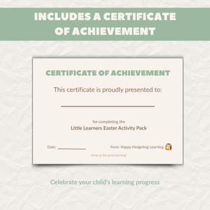 Printable certificate of achievement included in this kids learning pack to celebrate progress and learning success.