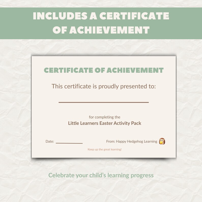 Printable certificate of achievement included in this kids learning pack to celebrate progress and learning success.