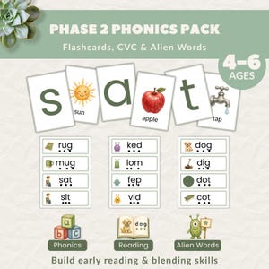May include: Educational flashcards for early reading skills. The cards feature CVC and alien words, with illustrations of a sun, apple, and tap. The set is designed for children aged 4-6 and includes the text "Phase 2 Phonics Pack".