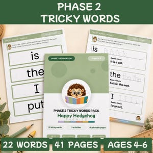 以下が含まれることがあります： 4歳から6歳向けのPhase 2 Tricky Words学習パック。ハリネズミのイラストが描かれた緑色の表紙と、is、the、I、putなどの単語リストやなぞり書き練習が含まれた2枚の印刷可能なワークシートで構成されています。