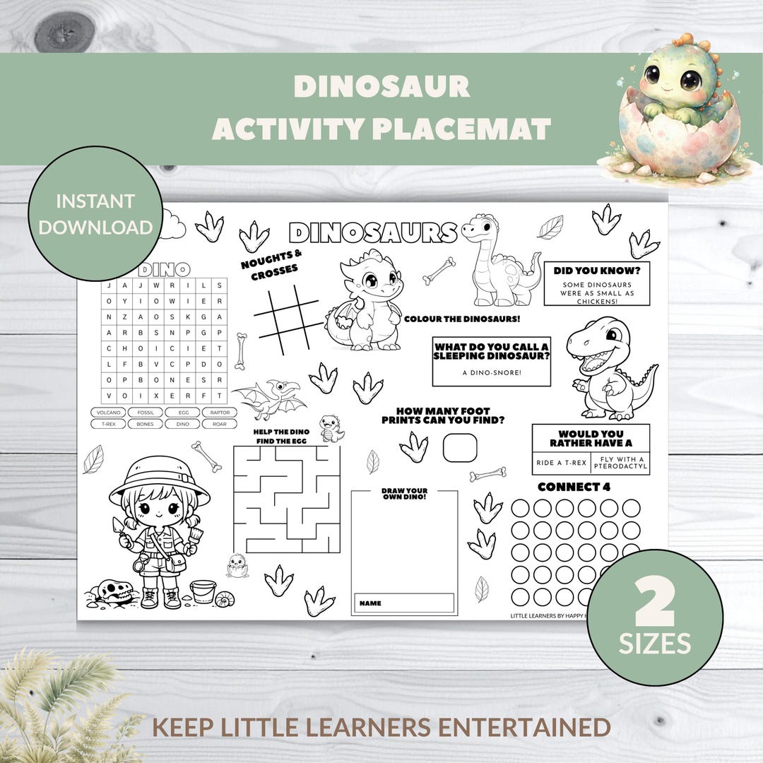 Kids Dinosaur Activity Placemat Printable | Fun Busy Sheet for Travel ...