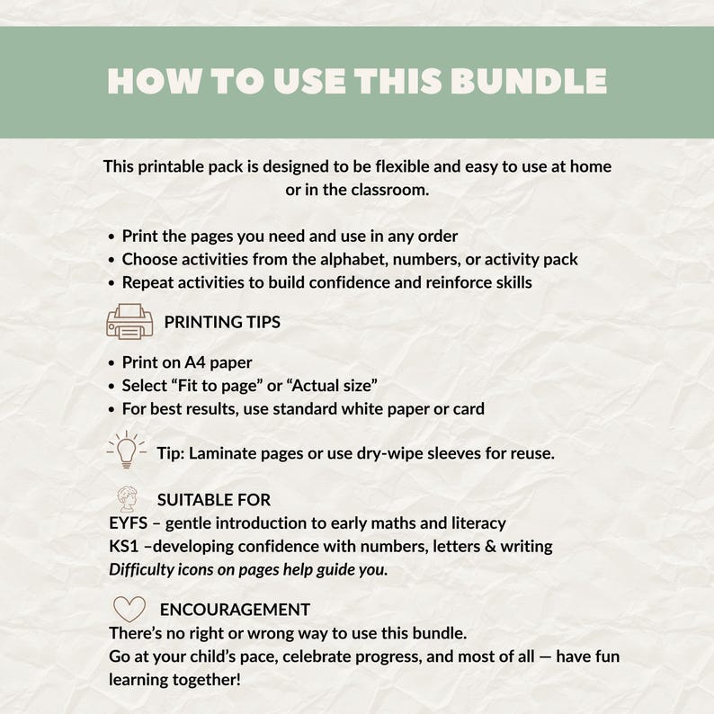 Printable activity pack for kids showing how to use the worksheets at home, in classrooms, or during quiet learning time.