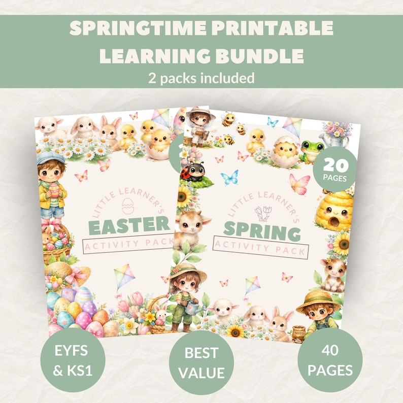 Printable kids activity bundle pack cover showing a themed learning workbook with 40 pages, designed for EYFS and KS1 early years learning. Spring and Easter activity packs.
