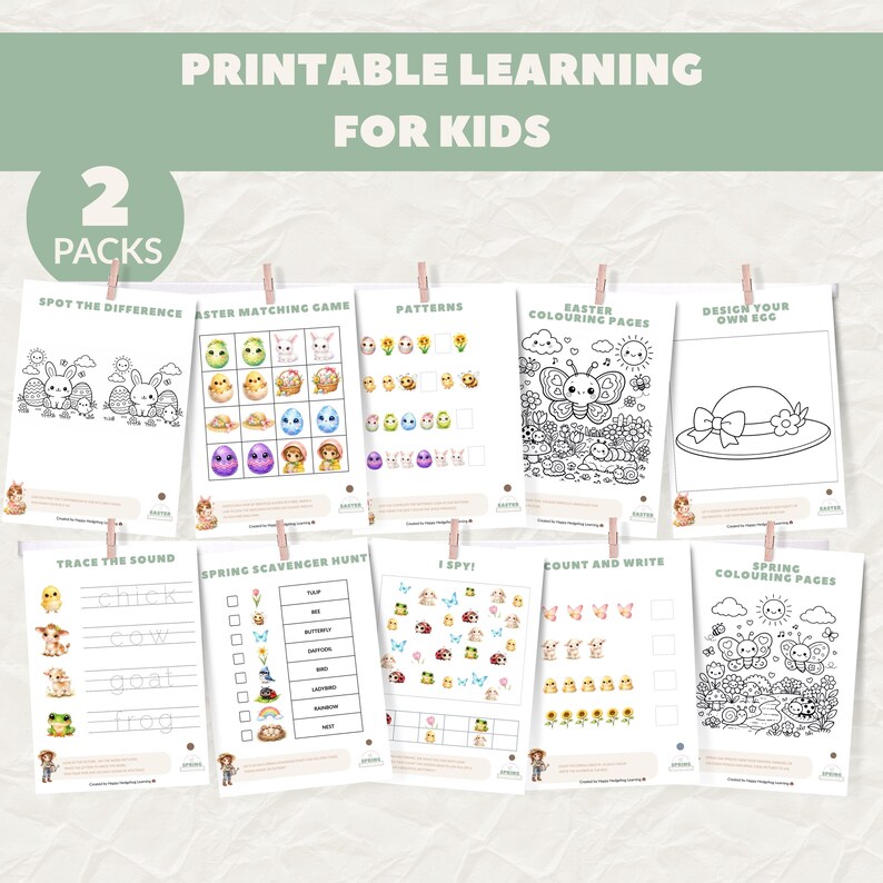 Full preview of printable learning activities included in this kids activity pack, featuring maths, literacy, puzzles, and games.