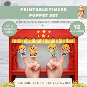 May include: A red puppet theater with a yellow curtain and star decorations. Four finger puppets are displayed, each depicting a construction worker. The text "PRINTABLE FINGER PUPPET SET" is at the top, with "LITTLE BUILDER'S EDITION" and "12 CHARACTERS" in circles.
