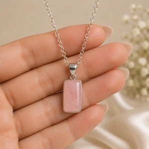 Ciondolo rettangolare in quarzo rosa, collana in argento sterling con pietra preziosa, gioiello con gemma rosa