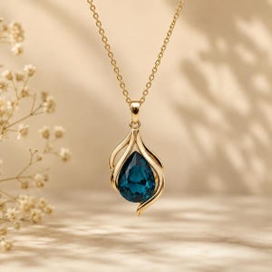Blue Topaz Silver Pendant, Teardrop Blue Gemstone Necklace, Pearcut Statement Jewelry