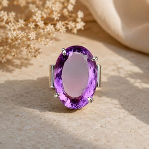 Oval Amethyst Statement Ring, Sterling Silver, February Birthstone Handmade Jewelry