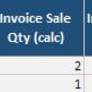 May include: A spreadsheet with blue headers and white rows, displaying product information. Columns include product name, quantity, cost, and other inventory details. The text is small and the image is a bit blurry.