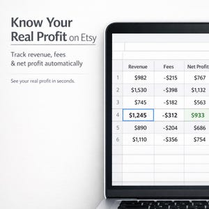 May include: A laptop screen displays a spreadsheet with financial data, including revenue, fees, and net profit. The text "Know Your Real Profit on Etsy" is at the top, with additional text below describing the features of the software.
