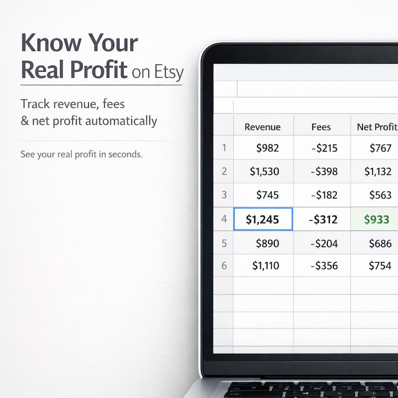 May include: A laptop screen displays a spreadsheet with financial data, including revenue, fees, and net profit. The text "Know Your Real Profit on Etsy" is at the top, with additional text below describing the features of the software.