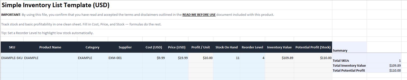 Simple Inventory List Template (excel) – One Sheet Stock Tracker for ...