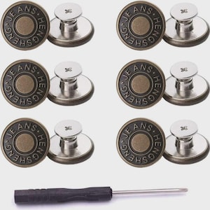 May include: Set of six bronze-colored jean buttons with the text "JEANS HENG SHENG" around the edge. Each button has a silver-colored post and a small screwdriver.