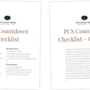 May include: Two white sheets of paper with text. The top sheet reads "WELCOME HOME CONCIERGE PCS" and "CS Countdown Checklist". The second sheet reads "WELCOME HOME CONCIERGE PCS" and "PCS Countdown Checklist - OCC".