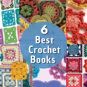 May include: A collage of colorful crochet squares in various patterns and colors, including blue, green, pink, and yellow. A blue circle in the center displays the text "6 Best Crochet Books". The image showcases different crochet techniques and designs.