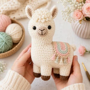 Op de afbeelding: Een handgemaakte gehaakte lama in crème met bruine hoeven en oren. De lama heeft een kleurrijke deken met roze, groene en blauwe accenten en kwastjes. De lama wordt in handen gehouden, met garen en bloemen op de achtergrond.
