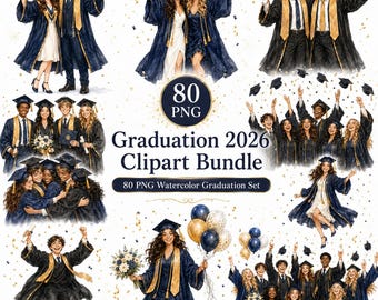 Graduation 2026 Clipart Bundle: Graduate Girls, Caps & Gowns, Diploma Teddy Bear, Blonde PNG, Digital Download