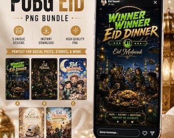 50 PUBG Eid Mubarak Cards PNG Bundle A5 | Gamer Eid Card Printable | Gaming Eid PNG Instant Download