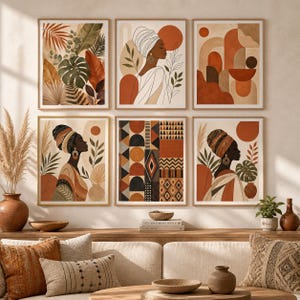 May include: A set of six framed wall art prints featuring a cohesive color palette of terracotta, beige, and dark brown. The collection includes illustrations of figures in headwraps, abstract geometric shapes, and various tropical botanical leaves.