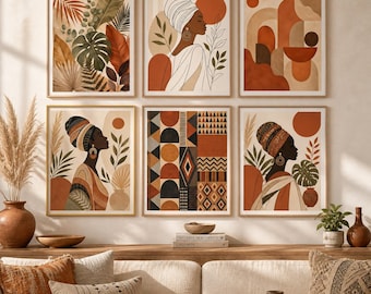 Afrohemian Botanical Gallery Wall Set 6, African Boho Printable Art, Earth Tone Botanical Prints, Afro Boho Living Room Decor