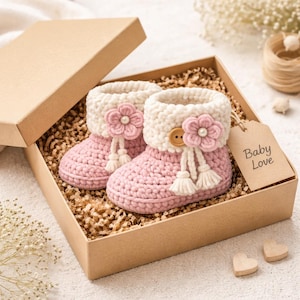 May include: A pair of pink and white crochet baby booties with flower accents, presented in a brown gift box filled with shredded paper. The booties have button and tassel details. A tag that says "Baby Love" is attached to the box.