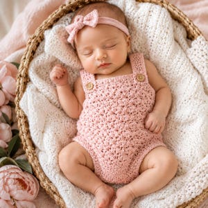 May include: A light pink crocheted romper featuring a textured stitch pattern and two small wooden buttons on the shoulder straps. The garment is paired with a matching light pink crocheted headband that has a small bow detail on the front.