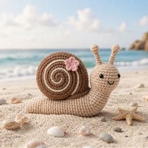 Peut inclure: Un jouet escargot crocheté avec une coquille marron ornée d'une spirale crème et d'une fleur rose. Le corps beige de l'escargot présente des antennes et un visage souriant. Il repose sur une plage de sable avec des coquillages et une étoile de mer.