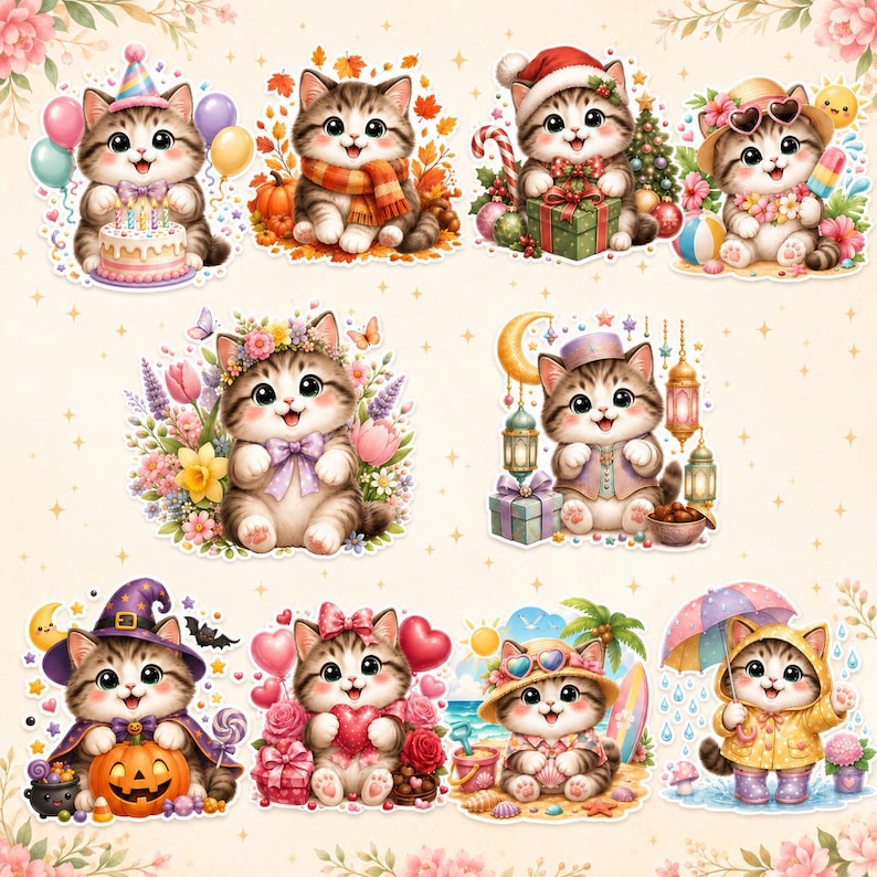 May include: A collection of colorful cat stickers, each depicting a cute cartoon cat in various seasonal and holiday-themed outfits. The stickers include cats with birthday cakes, autumn scarves, Santa hats, and beach attire.