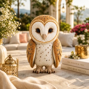May include: A handcrafted crochet owl figurine with a heart-shaped face, large black eyes, and a tan and white color scheme. The owl is standing on a table next to books and decorative items. The owl's wings and head have a detailed pattern.