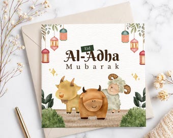 Tarjeta de felicitación imprimible de Eid al-Adha Mubarak - Ilustración floral de ovejas, descarga digital instantánea, tarjeta para festividades musulmanas hecha por uno mismo