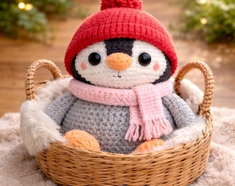 Baby Penguin Crochet Pattern PDF – Amigurumi Toy Tutorial, Red Hat & Pink Scarf, Step-by-Step Guide, Beginner-Friendly