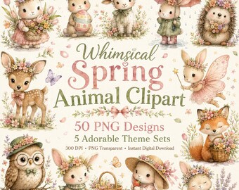 Whimsical Spring Animal Clipart Bundle - 50 PNG Watercolor, Cute Nursery Art, Transparent, Commercial Use, Instant Download