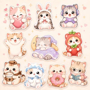 May include: A collection of nine adorable cartoon cat illustrations. Each cat is depicted in a unique pose and outfit, including a bunny hat, headphones, a strawberry costume, and holding items like a heart, a controller, and a donut. The cats are in various colors.
