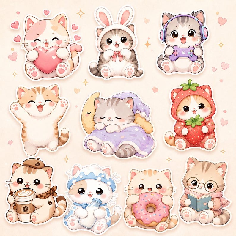 May include: A collection of nine adorable cartoon cat illustrations. Each cat is depicted in a unique pose and outfit, including a bunny hat, headphones, a strawberry costume, and holding items like a heart, a controller, and a donut. The cats are in various colors.