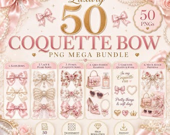 50 Kokette PNG Bündel | Rosa Schleife Clipart | Weibliches ästhetisches PNG | Girly Sublimationsdesigns | Sofort Download