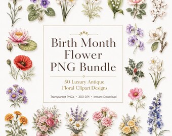 Birth Month Flowers Clipart Bundle | Vintage Botanical PNG Set, 50 Floral Illustrations, Digital Download