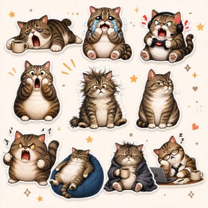 May include: A collection of cartoon cat stickers, each depicting a different emotion. The cats are brown and tan tabby, with various expressions including yawning, crying, angry, surprised, and sleepy. Some cats are holding objects like a coffee cup or a game controller.