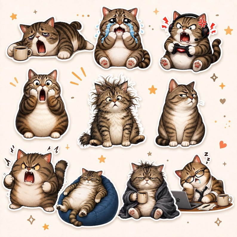 May include: A collection of cartoon cat stickers, each depicting a different emotion. The cats are brown and tan tabby, with various expressions including yawning, crying, angry, surprised, and sleepy. Some cats are holding objects like a coffee cup or a game controller.