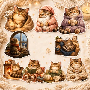 May include: A collection of stickers featuring cartoon cats in cozy settings. The cats are depicted in various scenes, including reading, drinking tea, and relaxing by a fireplace. The color palette includes warm tones of brown, beige, and orange.
