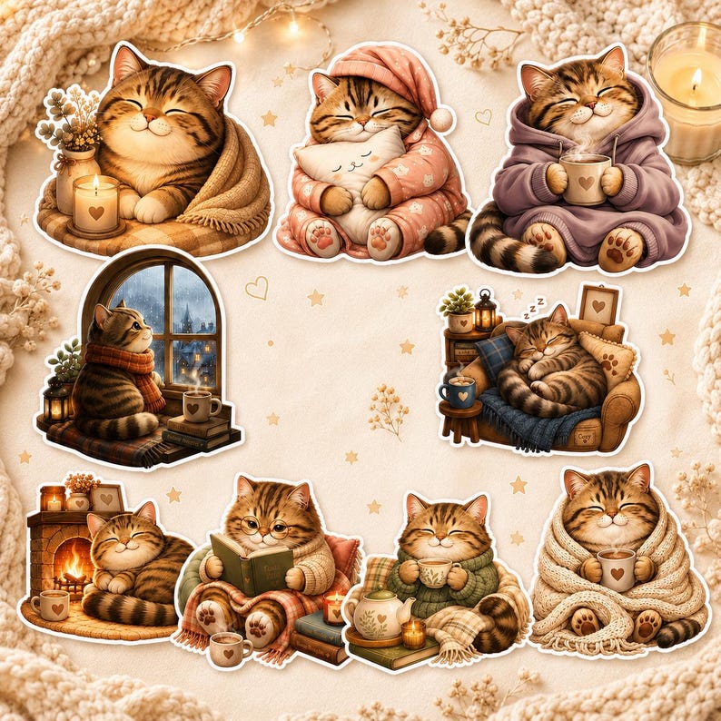 May include: A collection of stickers featuring cartoon cats in cozy settings. The cats are depicted in various scenes, including reading, drinking tea, and relaxing by a fireplace. The color palette includes warm tones of brown, beige, and orange.